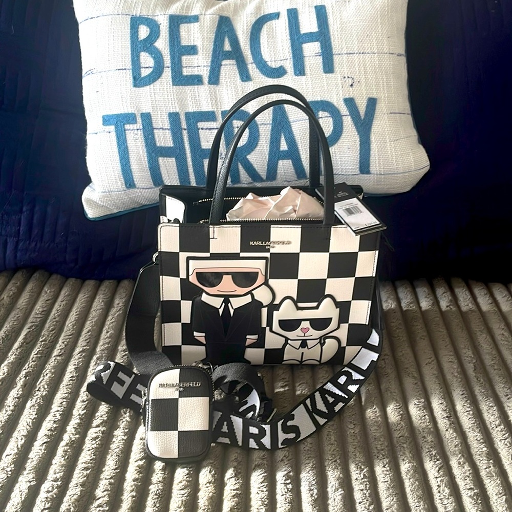 NWT KARL LAGERFELD MAYBELLE SATCHEL/ CROSSBODY BAG BLACK &WHITE🏁 w AIRPOD CASE
